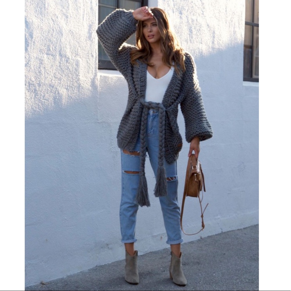 Chunky Knit Cardigan Sweater w/ Tassel Tie Belt